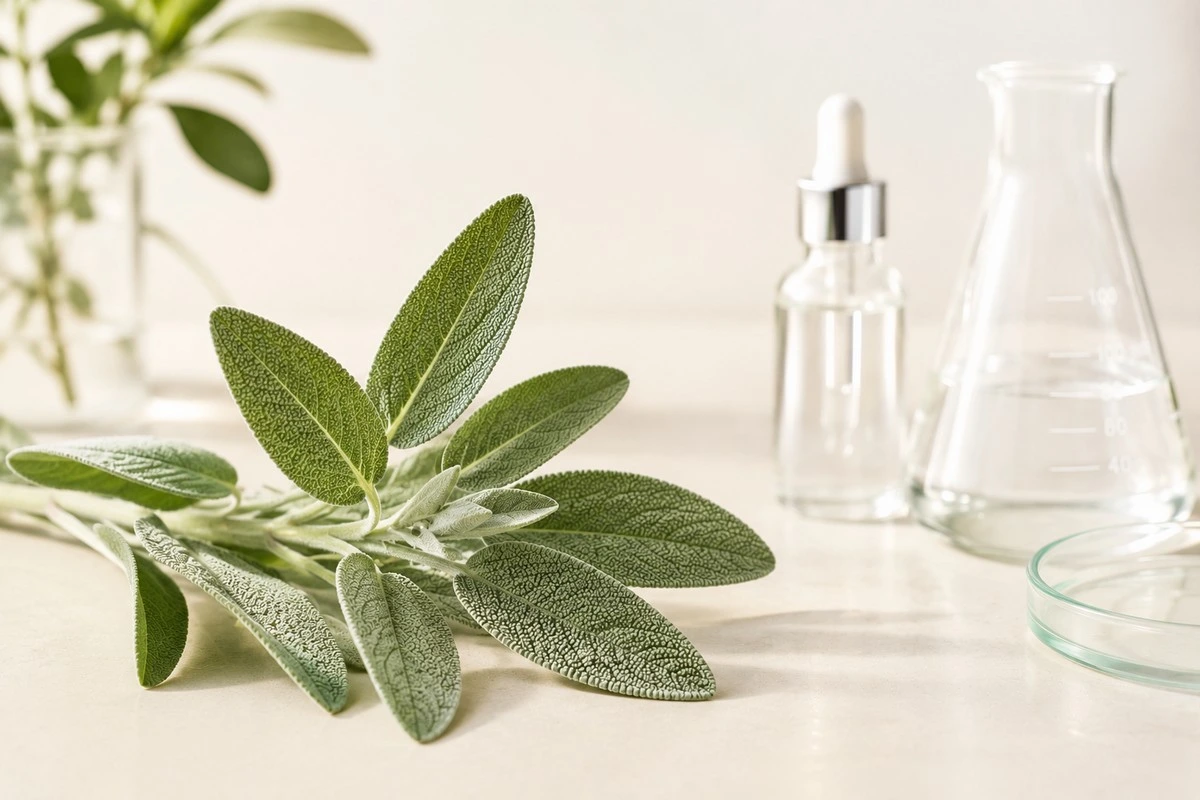 Feuilles de sauge officinale dans un environnement évoquant la dermatologie et les soins de la peau
