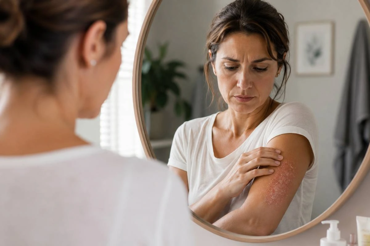 Femme observant une plaque de psoriasis sur son bras devant un miroir, illustrant l'impact psychologique de la maladie.