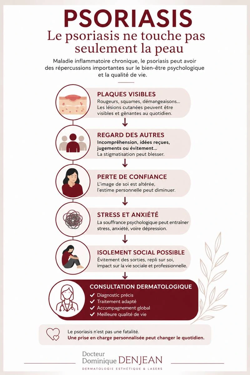 Infographie sur l'impact psychologique du psoriasis, de la visibilité des plaques à la stigmatisation, au stress et à l'isolement social.