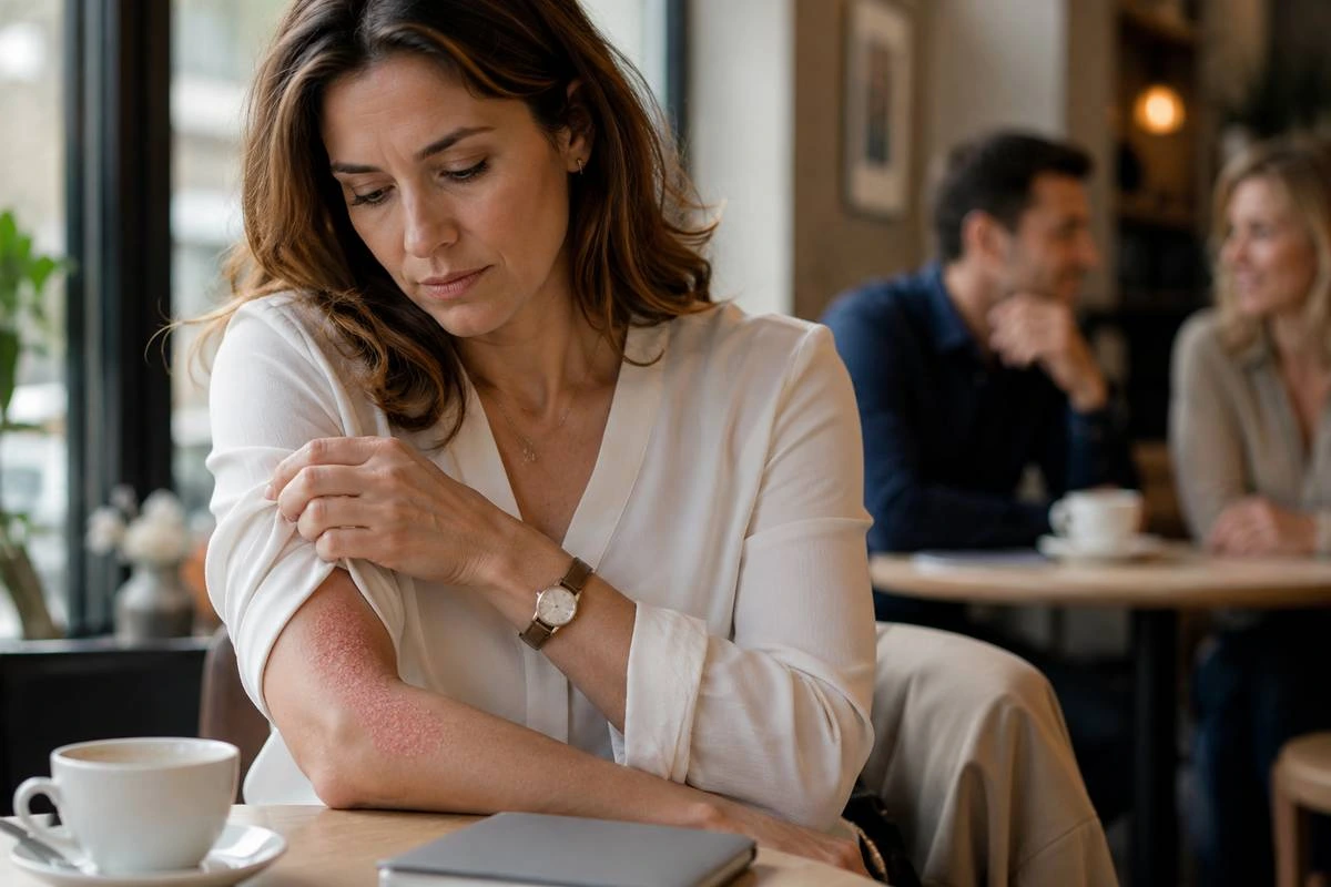 Femme dans un café dissimulant une plaque de psoriasis sur son bras, illustrant l'impact psychologique et social de la maladie.